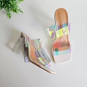 Y2K NWT Samilor Iridescent Square Toe Sandals Holographic Chunky Heel Mules Sz 6